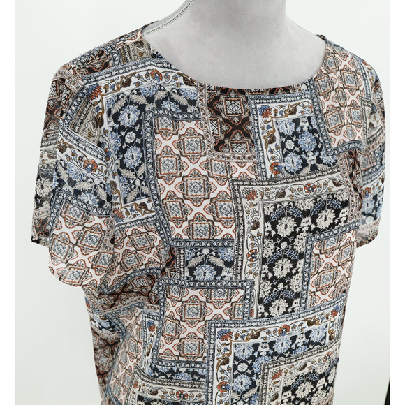 J Jill Top Womens Large Ivory Blue Sheer Blouse Back Pleats Whimsy Boho Chic - Picture 6 of 12